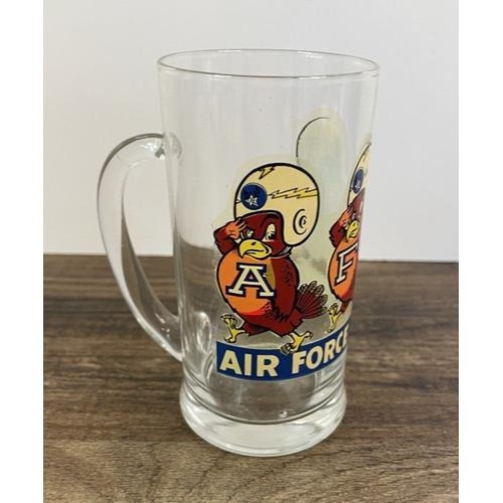 Vintage USAF Air Force Academy Glass Beer Mug Falcon Mascot Cartoon